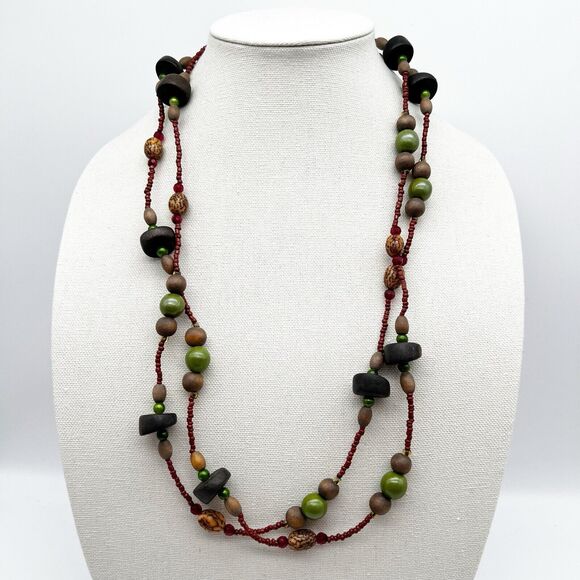 Multi Colored Wood Round Seed Bead Natural Nut Ethnic Long Necklace 58” - Picture 1 of 8